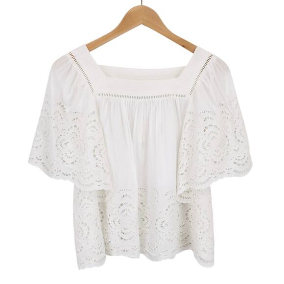 NWT Madewell Embroidered Eyelet Flutter-Sleeve Lace Trim Top White Size Small - Picture 4 of 10
